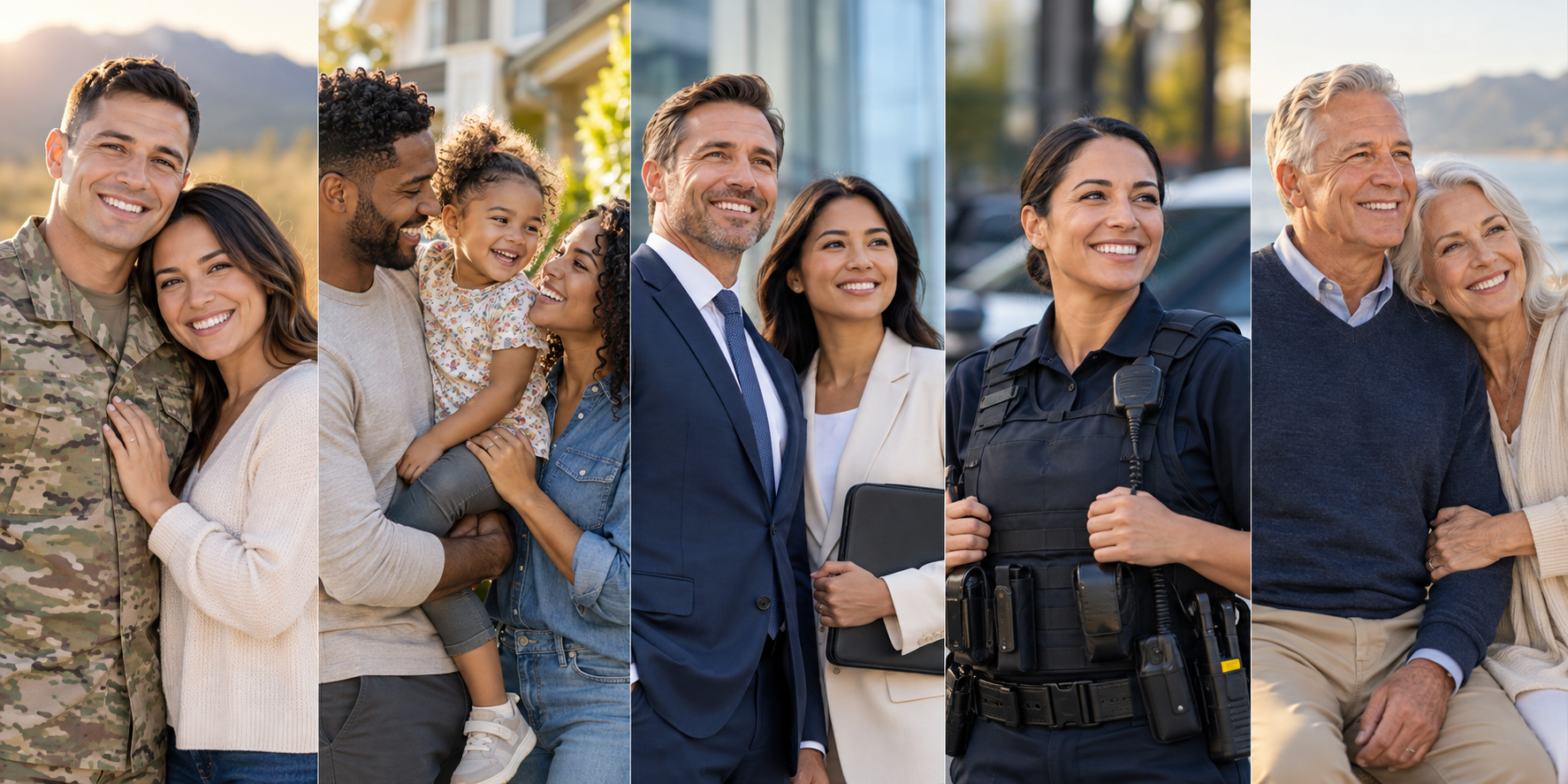 Illustrative scenes of a military family, a young family, business professionals, a law enforcement officer and an older couple.