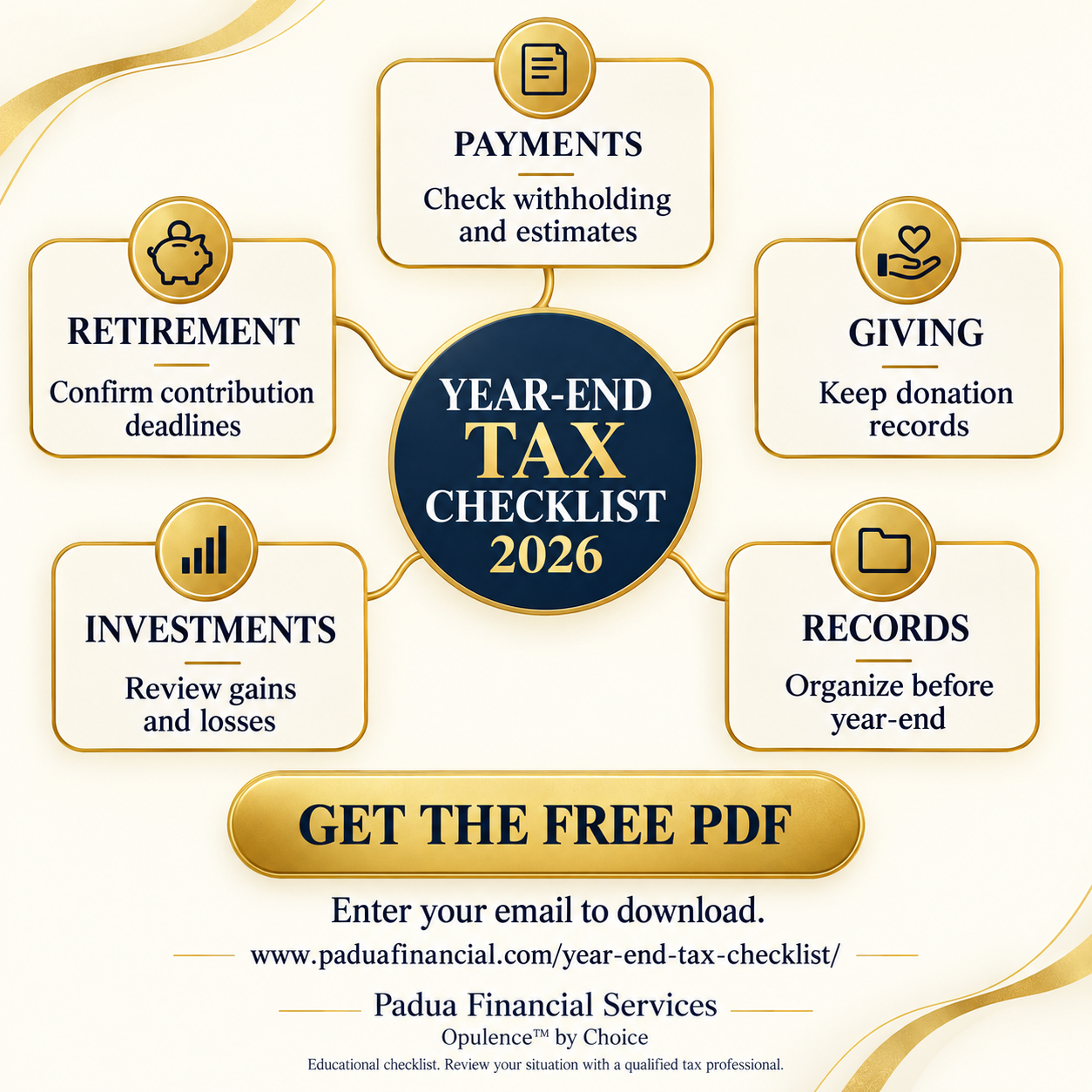 Year-end tax checklist: payments, retirement, giving, investments and records.